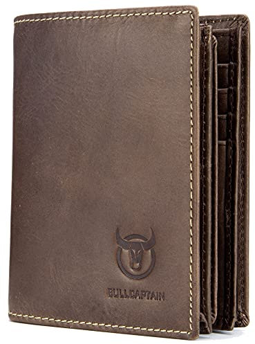 BULLCAPTAIN Herren-Geldbörse, RFID, faltbar, weiches Echtleder, mit 15 Kartenfächern, Ausweisfenster, Graubraun, 4.72x3.74x0.95, Classic