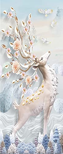 A.Monamour Türtapete Selbstklebend Türfolie Türposter 3D Hirsch Mit Blühenden Hörnern Vögel Blumen Bäume Im Hintergrund Vinyl Folie Türdeko Tapete Wandbild Türaufkleber Türtattoo 90 x 200 cm