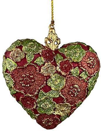 Christbaumschmuck Figur Deko Herz breit Blumen Hänger Weihnachten Handarbeit 10,5cm hoch (rot-grün-Gold)