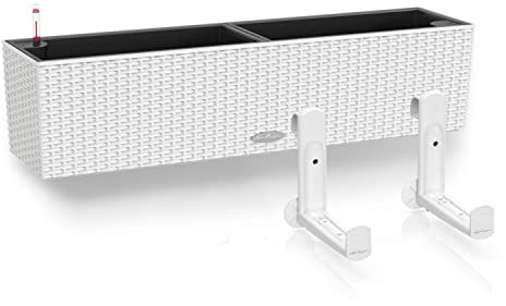 Lechuza Balconera Cottage 80 Pot de fleurs à arrosage automatique en plastique blanc pour balustrade Aspect rotin 19 x 80 x 19 cm Avec supports de balcon blancs
