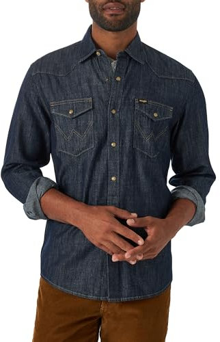 Wrangler Men's Iconic Regular Fit Snap Shirt Button, Rinse Denim, XXL