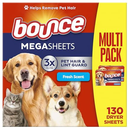 Bounce Pet Hair and Lint Guard Mega Dryer Sheets with 3X Pet Hair Fighters, Fresh Scent, 130 Count (Packaging May Vary)