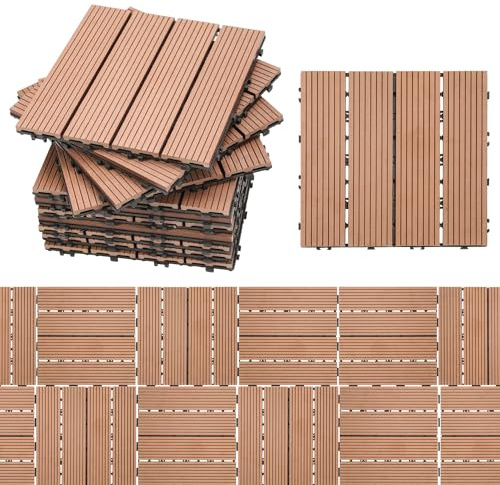 Randaco Piastrelle in Plastica Composita WPC, 30x30cm 33 Pannelli / 3 m² Pavimentazione in Plastica-legno all'aperto con Drenaggio e Sistema Plug-in, per Terrazze, Pavimenti, Marron