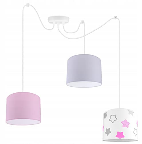 Light-Home - DIUNA Hängelampe - Deckenlampe - Pendelleuchte aus Metall mit Lampenschirm aus Stoff - Hängeleuchte für Schlafzimmer - E27-3-Flammig - Rosa Grau und Sterne