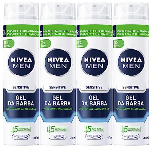 Nivea Men Sensitive Bartgel für Herren, mit Kamille-Extrakt und Vitamin, feuchtigkeitsspendend, weich und schützt den Bart – 4 Flaschen à 200 ml