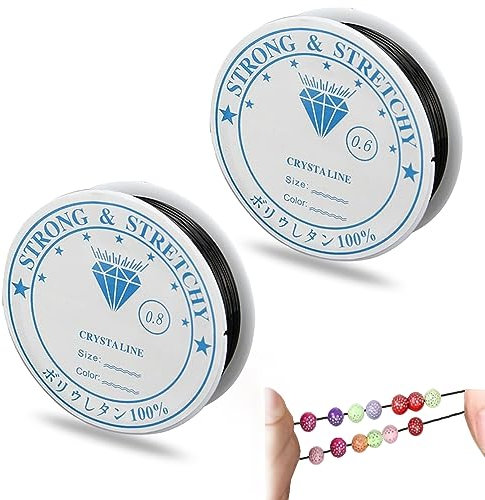 ZELHYEUU 2 Stück Gummifaden für Armbänder, Elastischer Kristallfaden aus Nylon, Elastisches Band für Armbänder und Perlenschmuck Basteln, Schwarz (0.6/0.8mm)