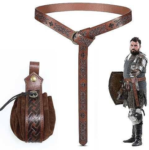 Vientiane 2er Halloween Nekromanten Anzug, Mittelalterlicher Kunstledergürtel+Leder Wikingertasche, Mittelalter GüRtel, Mittelalterliche Kunstledertasche mit Kordelzug,für Halloween Cosplay