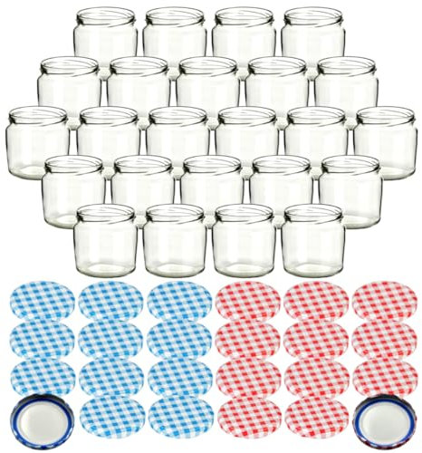 gouveo 24er Set Einmachgläser 360 ml rund mit BlueSeal Schraub-Deckel in karoblau und karorot - Leere Vorratsgläser mit TO Ø 82 mm - Wurstglas