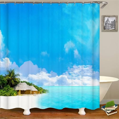 Guofuos Duschvorhang Inselstrand 180x300cm Duschvorhäng Anti Schimmel,Wasserabweisend Stoff Duschrollo Waschbar,3D Draussen Bad Vorhang Schnell Trocknend,Badewanne Badezimmer Decor Vorhänge