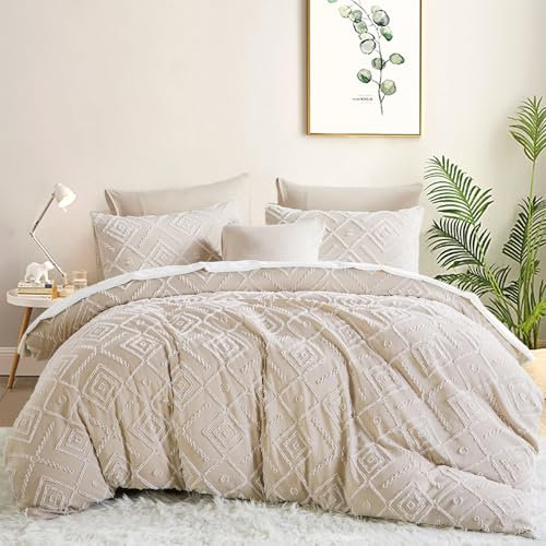 Tospass Getuftet Bettwäsche 200x200 Beige 3Teilig Boho Shabby Chic Geometrisch Gestreift Bettwäsche-Sets, 1 Bettbezug 200x200 und 2 Kissenbezug 80x80 mit Reißverschluss