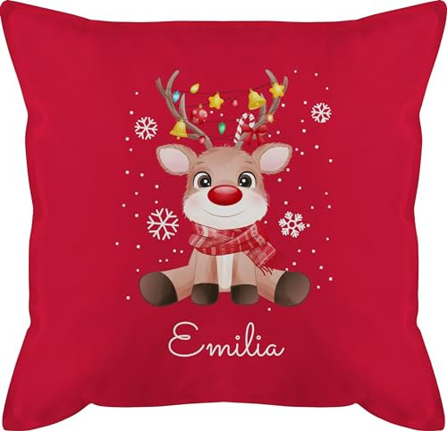 Kissen 50x50 - Weihnachtskissen Christmas Geschenke - Süßes Rentier mit Name Wunschtext I Geschenk Rentier Weihnachten I Rudolph Reindeer Rudolf - 50 x 50 cm - Rot - Merry Weihnachts-Kissen