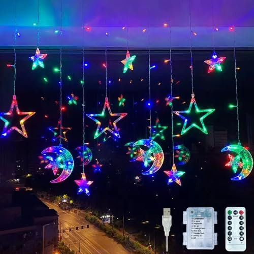 LED Lichterkette Mond und Sterne,Lichterkette für Ramadan,Ramadan Deko Lichter,LED Lichterkette Sternenvorhang,Stern Mond Led Lichterkette,Stern Mond Lichtervorhang Lichterkette