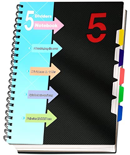 CAGIE A5 Notizbuch mit Register Liniert Spiralbindung 220 Seiten (110 Blatt) Klein Spirale Notizblock Block mit Register für Arbeit Office Schule College Essentials, Schwarz, 15x 21 cm