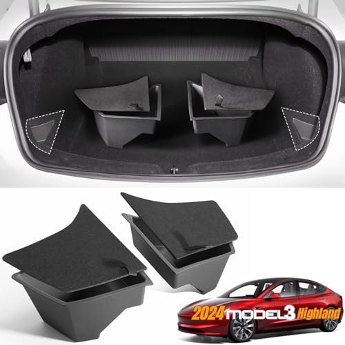 Qlhshop For 2024 Tesla Model 3 Highland Rear Trunk Side Storage Bins, Hidden Trunk Organizer with Carpeted Lid, Car Travel Essentials Inside Interior Waterproof Storage Box Accessories - 2 Pack