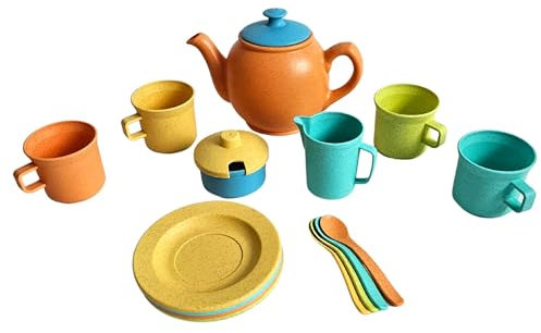 alldoro 60422 Teeservice Kinderküche, 15-TLG. Set aus nachhaltigem Kunststoff-Weizenstroh, Rollenspiel Geschirr ab 3 Jahren, Indoor & Outdoor