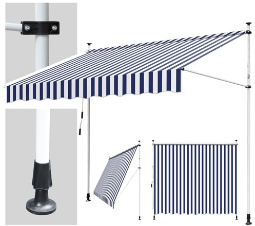Hebitod Klemmmarkise Balkon ohne Bohren, 350cm breit, Markise mit Handkurbel, Sonnenschutz und wasserabweisend, höhenverstellbar Balkonmarkise, für Terrasse Balkon, einfache Montage, Blaue und Weiß