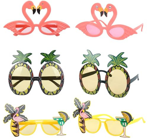 WEDNOK 6 Paare Hawaii Sonnenbrille Tropical Party Brille mit Flamingo Ananas Kokosnussbaum Partybrille Pool Party Kostümbrille für Herren Damen Sommer Pool Strandparty Karneval Geburtstag
