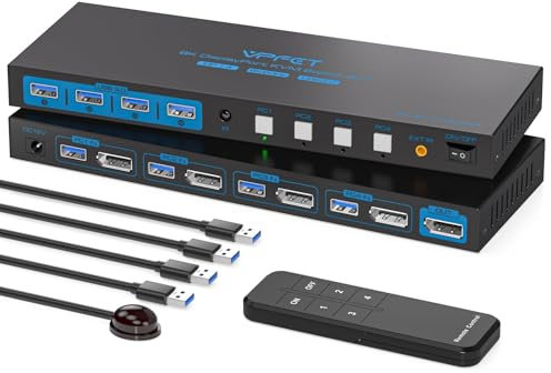 AILVLVNG 4K144Hz DisplayPort KVM Switch 4 Computers 1 Monitor USB3.0 8K@60Hz 4 Ports DP KVM Switches 4 in 1 Out for 4 Computers Share 1 Monitor and Keyboard Mouse etc. with Wireless Controller