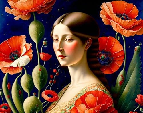 RZHRHJES Wandbild Aquarell Gemälde Frau mit einem Strauß großer roter Blume 58 x 90 cm ohne Rahmen Leinwand Gemälde