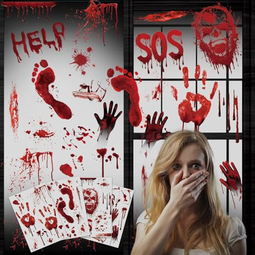Hxezoc 10 Blätter Halloween Fensterdeko Blut Aufkleber Deko Fenster Projektion Indoor Handabdrücke Fußabdruck Zombie Bloodstains Gruseldeko für Bodenaufkleber Türdeko mit 10 Narben Tattoos