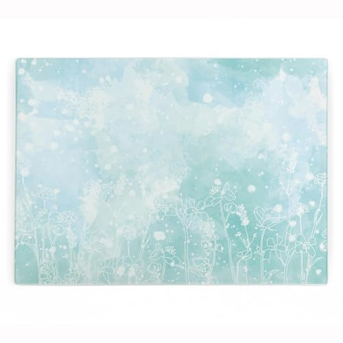 Pastel Blue Flowers Large Rectangular Glass Worktop Protector - Line Art Floral Homewares Gifts - Smooth Kitchen Chopping/Cutting Board Worktop Saver with Non-Slip Feet 39cm x 28.5cm (15 x 11)