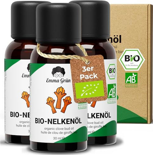 Emma Grün® Bio Nelkenöl [100% Naturrein] - Nelkenöl Bio 3x 30ml - Ätherische Öle Naturrein - Aromatisches Gewürznelkenöl in LEBENSMITTELQUALITÄT - Clove Oil Essential Oils aus Madagascar