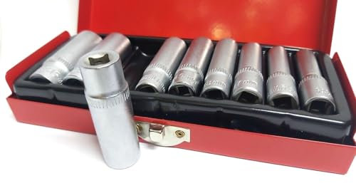 Lot de 9 clés à douille longues de 1/4 pouces en chrome vanadio, de 5 à 13 mm