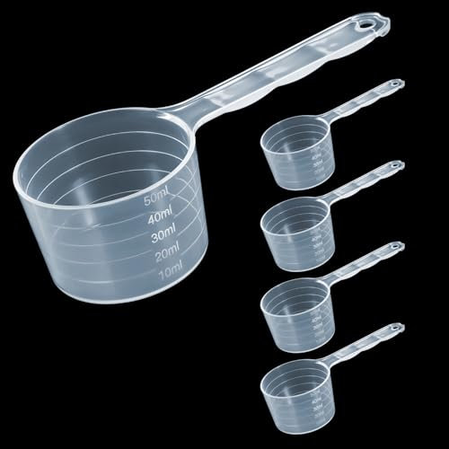 GEEHUA 5 vasos medidores cucharas, cucharas medidoras de gramos, cucharas dosificadoras transparentes, cucharas de 50 ml con escala de 10 ml, 20 ml, 30 ml, 40 ml, 50 ml, detergente, dosificador,