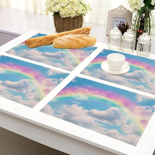 Regenbogen Platzsets 6er Set, 30x45cm Couchtisch Urlaub Tischsets Himmel Wolken Waschbar Platzdeckchen Küche Party Deko Baumwolle Leinen Tischsets