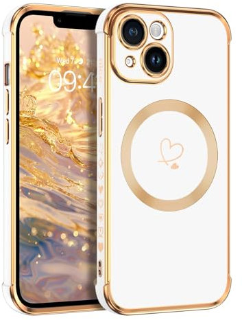 Telaso Magnetische Hülle für iPhone 14, Handyhülle für iPhone 14 Niedliches Herz Muster [ Kompatibel mit MagSafe ] Weiche Plattierung Abdeckung für Frauen, Schutz der Kamera, Weiß