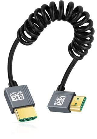 CY-Kabel, HDMI 2.1-Stecker auf HDMI-Stecker, 8K 60 Hz, dehnbares Spiralkabel, rechtwinklig um 90 Grad abgewinkelt, für HDTV, Computer, Laptop-Monitor