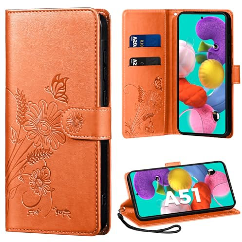Handyhülle für Samsung Galaxy A51 Hülle, Schutzhülle für Galaxy A51 PU Lederhülle Tasche Flip Case Kartensteckplätzen Klapphülle Kompatibel mit Samsung A51 Hülle, Orange
