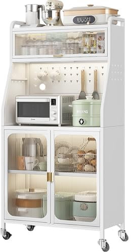 Küchenschrank, Buffetschrank Küchenschränke, 5-stufiges Vorratsschrank,Mutfak Dolabı,Mikrowellenschrank mit Close-Funktion,erstellbare Einlegeböden und Kabelloch mit Sichtbare Türen Weiß (76x36x164cm)