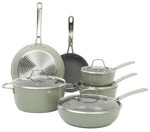 Sur La Table Kitchen Essentials Cool Commune - Set di pentole e padelle in ceramica anodizzata, senza PFA, interno in alluminio forgiato, resistente, 10 pezzi, colore: Verde - Compatibile con