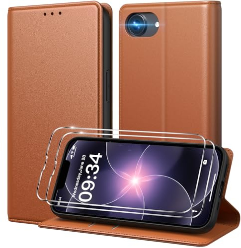Peakally Handyhülle für iPhone 17e/16e Hülle [Mit 2 Stück Panzer Schutz Glas] [Premium PU Leder] [RFID-Blockierung] [Kartenfach] Ständer Klapphülle Kompatibel mit iPhone 17e 2026/16e 2025 - Braun