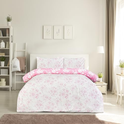 Sleepdown Reversible Floral Toile Duevt set -100% Polyester Microfibre, Super Soft, Pink Colour Duvet Cover and 2 Pillowcase – 3 Pcs Bedding Set (Double, 200 x 200 cm)