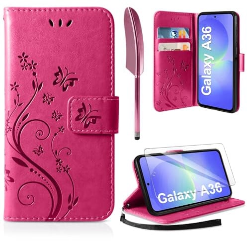 AROYI Lederhülle für Samsung Galaxy A36 5G Hülle und Schutzfolie | Rosenrot Flip Wallet Handyhülle PU Leder Magnet Ständer Tascher Kartenfach Case Schutzhülle
