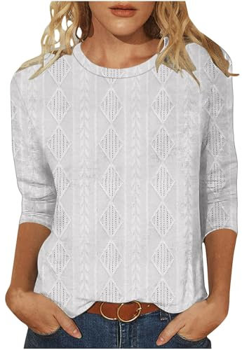 Dyhxuan T-shirt à manches 3/4 pour femme - En coton - Couleur unie - Jacquard - Manches trois-quarts - Col rond - Polyvalent - Respirant - Décontracté - Confortable - Pull pour femme, Blanc., L