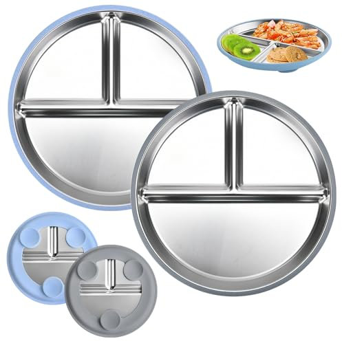 PORFOYO 2 piatti per bambini con ventosa, piatti per bambini con ventosa, piatti in acciaio inox per bambini, piatti per il controllo delle porzioni, stoviglie in silicone per bambini, piatti per
