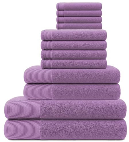 NOVOTEXTIL Juego Toallas Baño Completo 12 Piezas – 2 Toallas Baño Grandes + 2 Toallas Ducha + 4 Toallas Lavabo + 4 Toallas Cara – 100% Algodón 480 g/m2 – Suaves y Absorbentes (Lila)