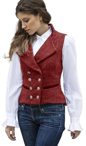 CAMDOM Damen 50er Jahre Vintage Anzugweste Arbeit Tweed Slim Fit Weste V-Ausschnitt Weste Zweireihiger Mantel mit Taschen Ärmellos Blazer Jacken