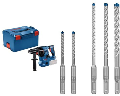 Bosch Professional 18V System Akku Bohrhammer GBH 18V-28 C (inkl. Zusatzhandgriff, Fetttube, L-BOXX-Einlage, ohne Akku/Ladegerät) + 5x Expert SDS plus-7X Hammerbohrer Set (für Stahlbeton, Ø 5-10 mm)