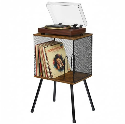 Kryntex Vinyl Record Player Stand with Storage, Retro Turntable Table with Adjustable Dividers Holds up to 100 LPs, Record Holder & Organiser for Bedroom Living Room