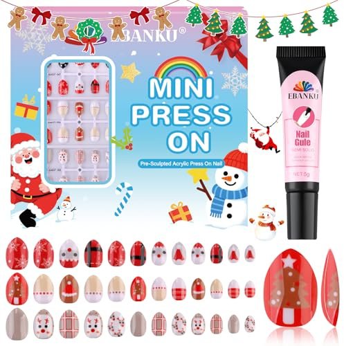 EBANKU Weihnachts-Kid-Press-on-Nägel, 72-teiliges Weihnachts-Mandelnägel-Set Vollflächige Weihnachtsdesign-Kunstnägel mit Nagelkleber für Mädchen