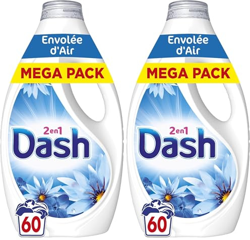 Dash 2en1 Lessive Liquide Envolée d'Air, 60 Lavages, 3 Semaines de Fraîcheur, Avec Lenor, Parfum Brise Marine et Fleurs Fraîches, Nettoyage en Profondeur, Fabriquée en France (Lot de 2)