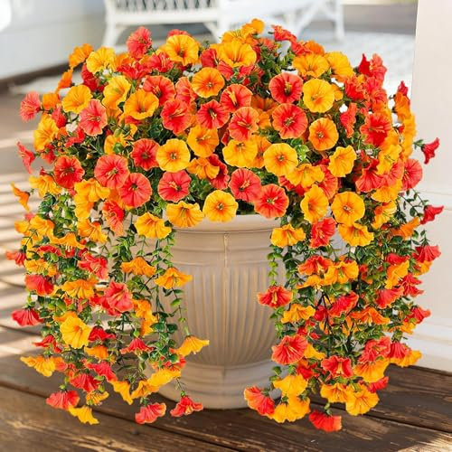 4 Stück Hängepflanze Künstlich Kunstblumen Hängend Herbst Seidenblumen | Künstliche Blumen wie Echt Balkonpflanzen Outdoor Wetterfest Fake Blumenstrauß Hängepflanzen Hause Garten Veranda Deko