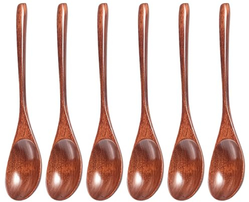 6 Piezas Cucharas de Sopa de Madera, 22.5x4 cm Cuchara de Té de Madera, Mango Largo, Cucharas Ramen de Maderas, Cuchara de Madera de Estilo Japonés para Comer, Revolver, Cocinar, Sacar