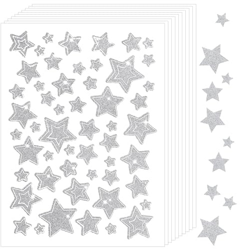 10 Blatt Stern Aufkleber Glitzer Silber, selbstklebende Sternenaufkleber mit Glitzer-Effekt für Bastelarbeiten, Geschenke, Dekoration, Fenster und Auto