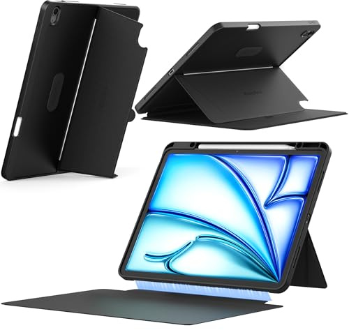 EasyAcc Hülle für iPad Air 13 Zoll M4/ M3/ M2 mit Stifthalter | Abnehmbare Abdeckung, Verstellbarer Halt in Verschiedenen Winkeln, Schwarz