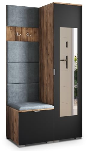 Masseno Flugarderoben Set VIRA, Kleiderschrank-Set mit Spiegel und Sitzbank, Garderobenschrank Flur mit 3 Regalböden, Eiche Lefkas/Schwarz